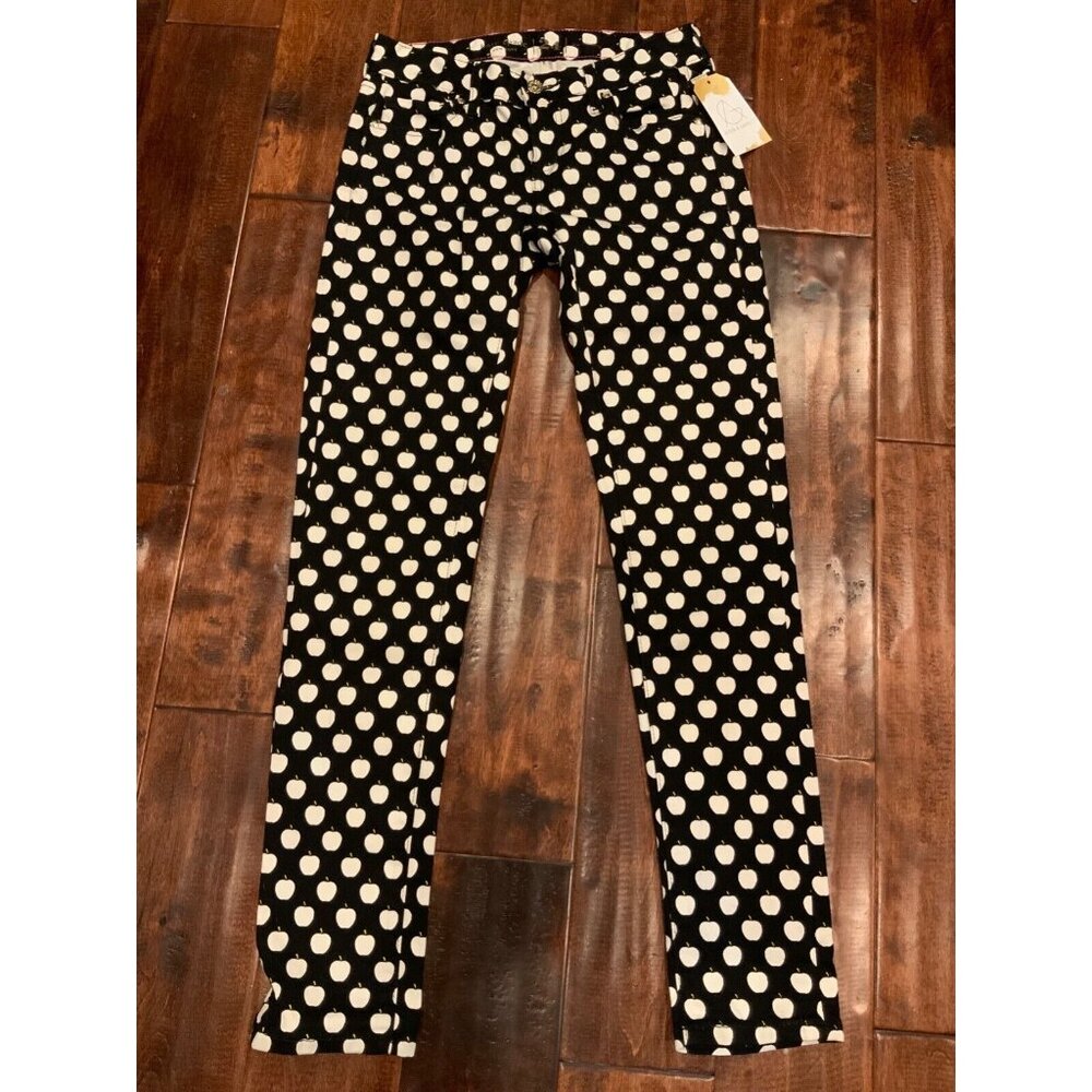 Kate Spade Black With White Apple Pattern "Broome Street” Slim Jeans, Size 24